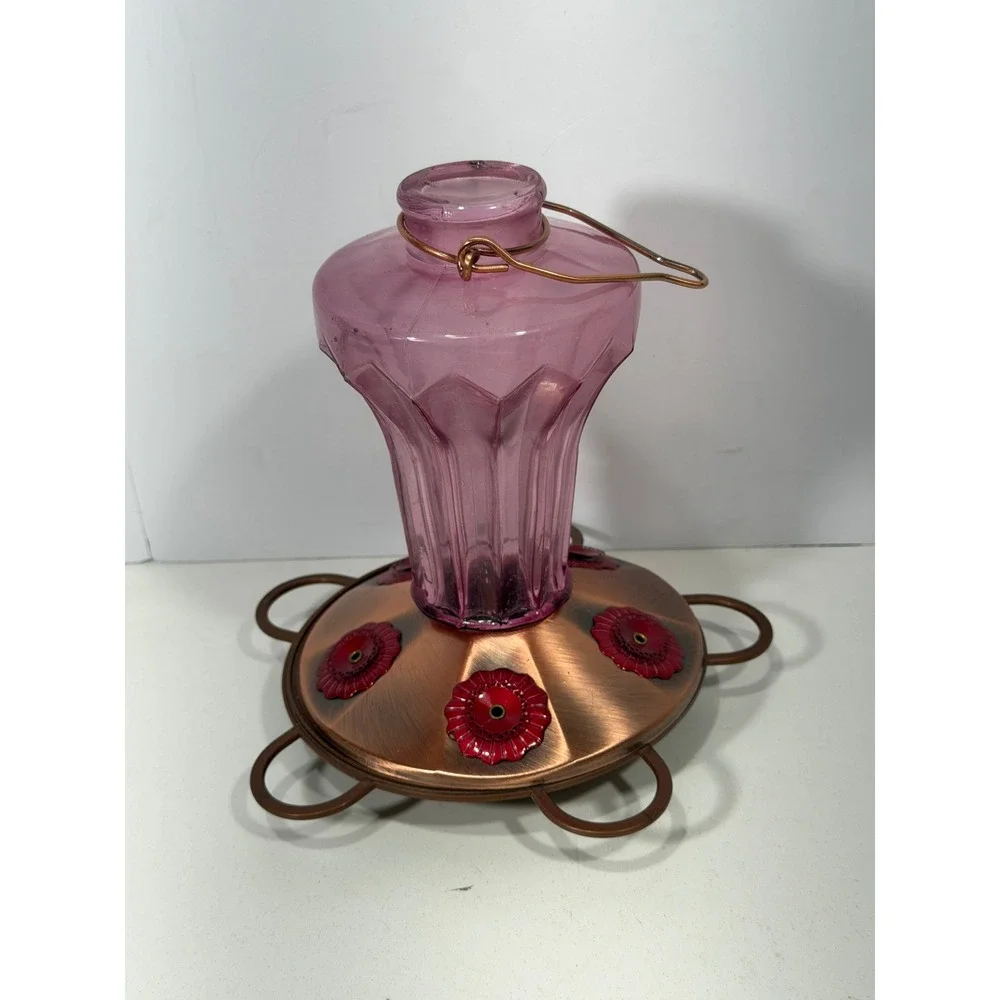 Vintage Style Amethyst Purple Glass Hummingbird Feeder Copper Metal Base 8.5